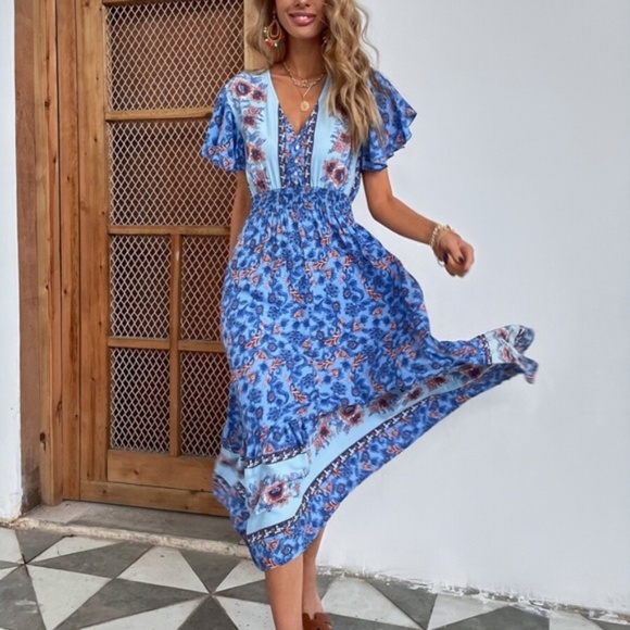boho blue floral print v neck button ruffle dress - Picture 5 of 8